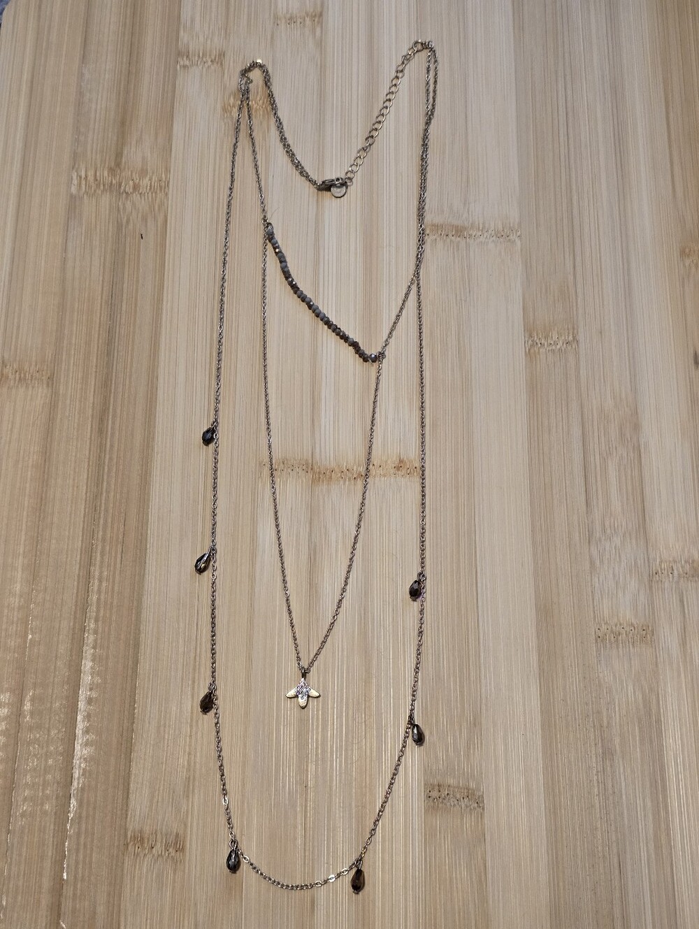 🤠Christopher & Banks Gold Tone Rhinestone Flower & Smoky Beaded Long Necklace